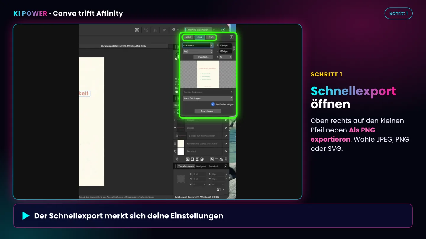 Screenshot: Schnellexport öffnen