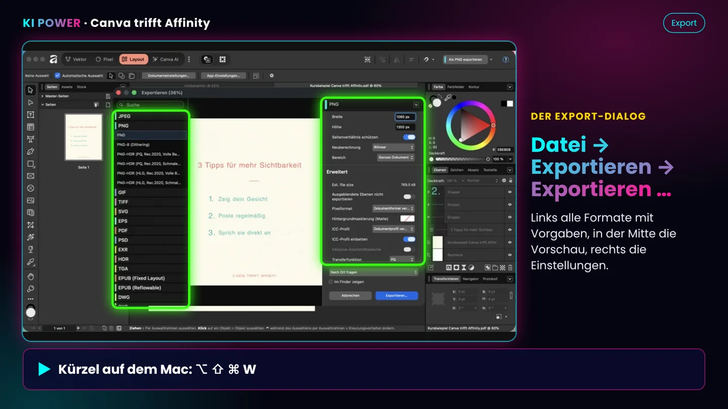 Screenshot: Export-Dialog öffnen