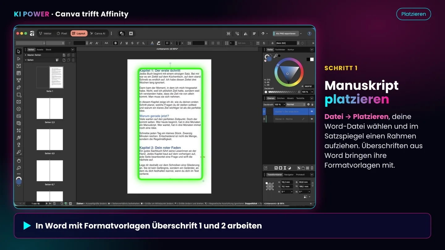 Screenshot: Manuskript platzieren