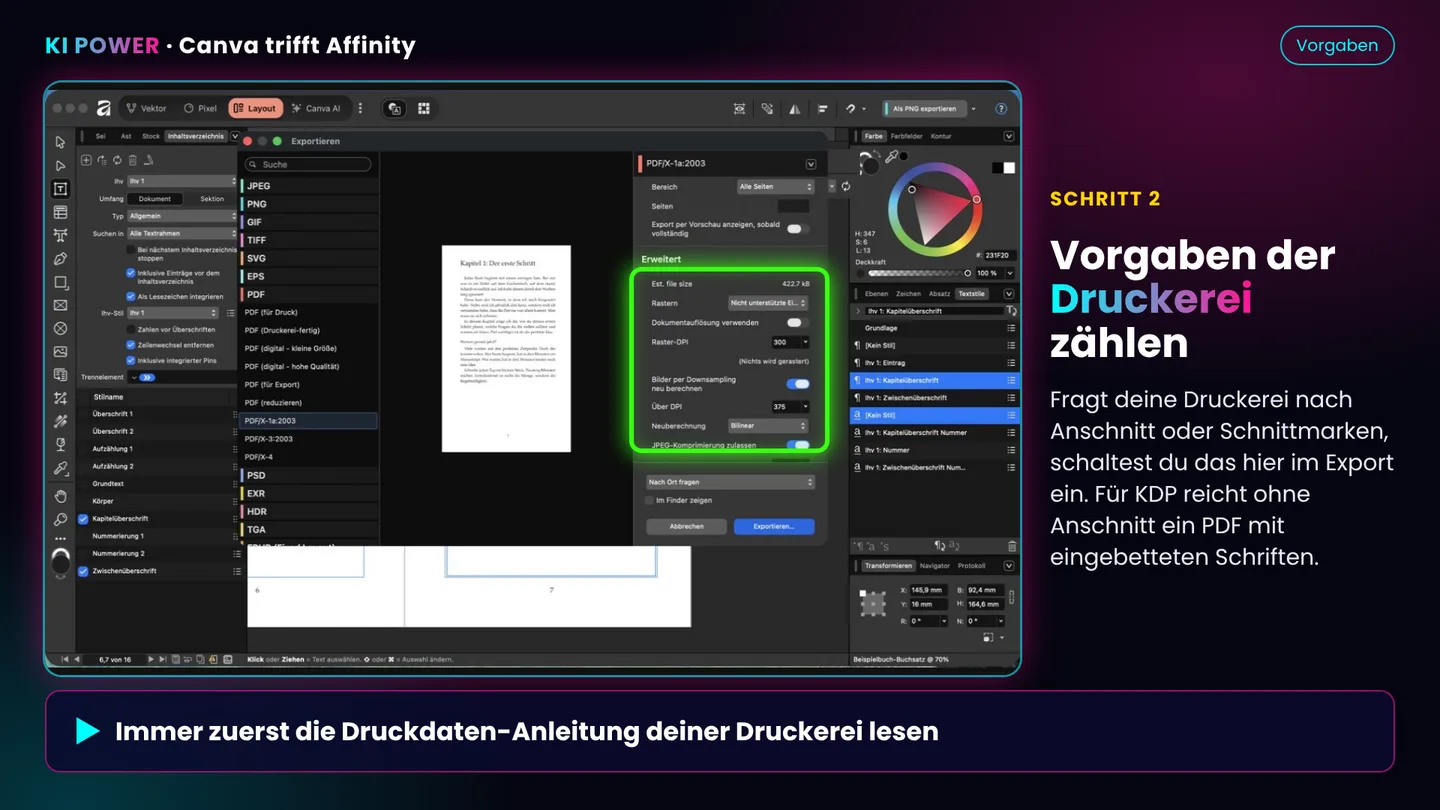 Screenshot: Vorgaben der Druckerei